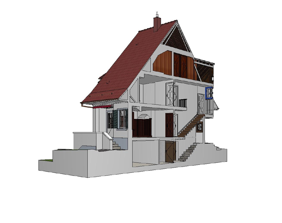 Schnittperspektive durch ein 3D-Gebäudemodell mit Blick auf Innenräume und Geschosse
