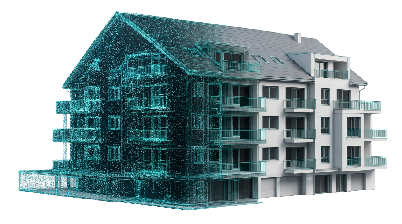 3D-Laserscan-Modell eines Mehrfamilienhauses – halb Punktwolke, halb fertiges BIM-Modell